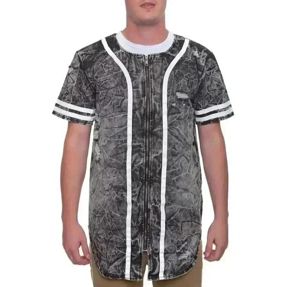 Bleecker & Mercer Major League Zip Denim Baseball Jersey Mens Large L Black Gray